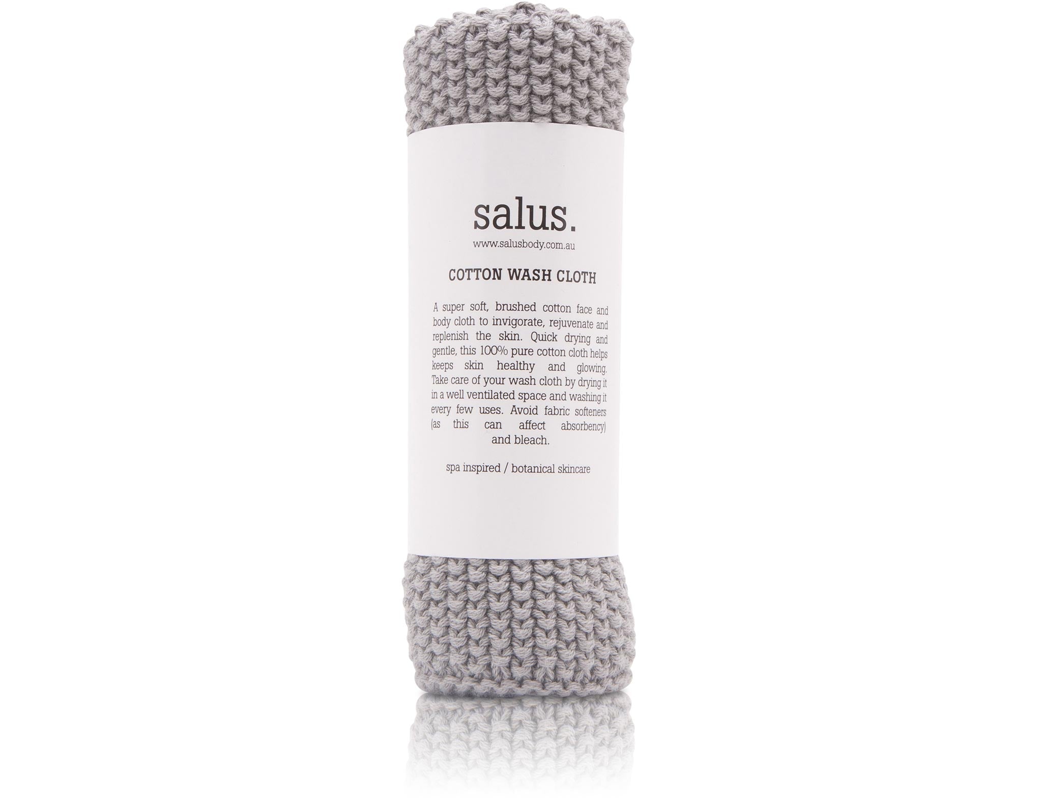 Knitted Salus Cotton Wash Cloth in grey, rolled with paper label