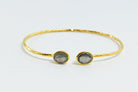 Close view of hammered Euro Gold cuff bangle with two grey oval gems