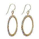 Gold hoop earrings wire-wrapped with pale grey and lavender labradorite beads