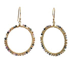 Gold hoop earrings wire-wrapped with mixed pink, grey and green tourmaline beads