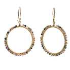 Gold hoop earrings wire-wrapped with mixed pink, grey and green tourmaline beads