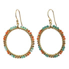 Gold hoop earrings wire-wrapped with orange carnelian and green onyx beads