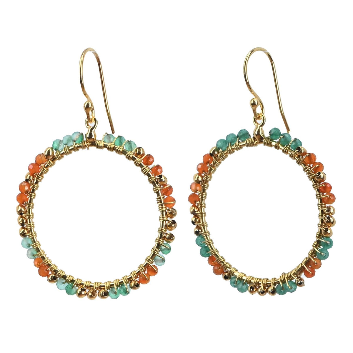 Gold hoop earrings wire-wrapped with orange carnelian and green onyx beads