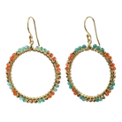 Gold hoop earrings wire-wrapped with orange carnelian and green onyx beads