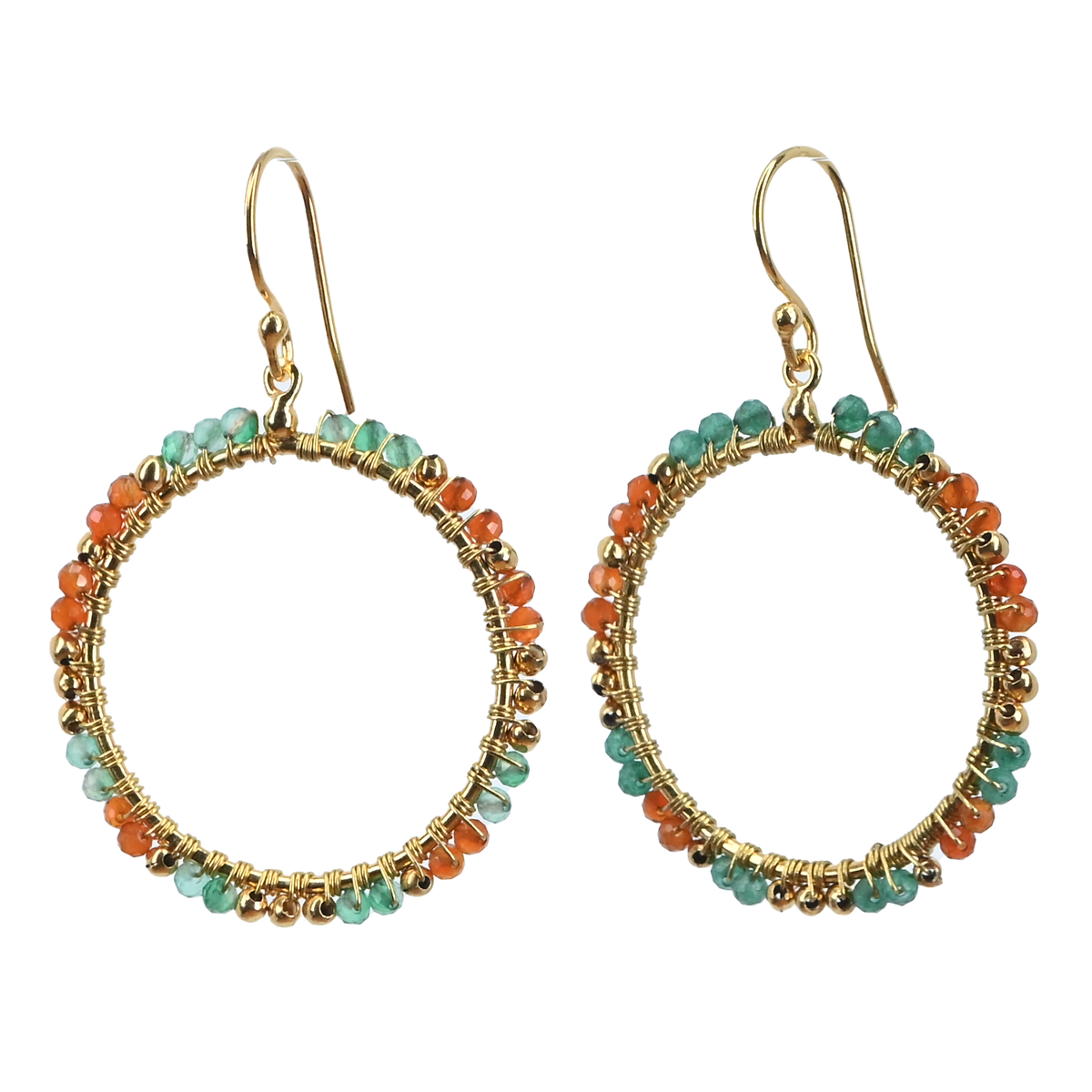 Gold hoop earrings wire-wrapped with orange carnelian and green onyx beads