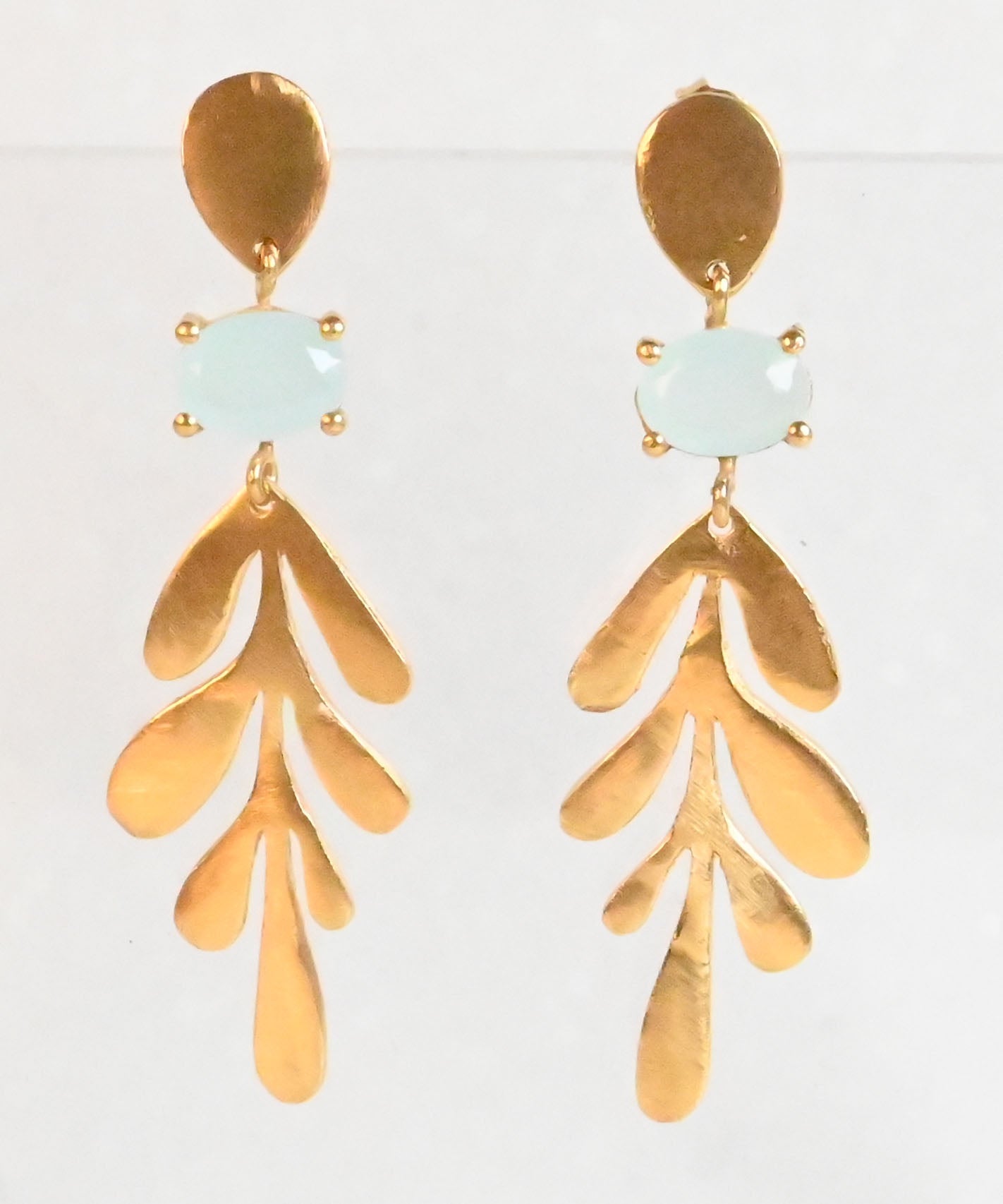Euro Gold leaf drop earrings with pale aqua oval gems and stud tops
