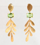 Euro Gold leaf drop earrings with peridot-green oval gems