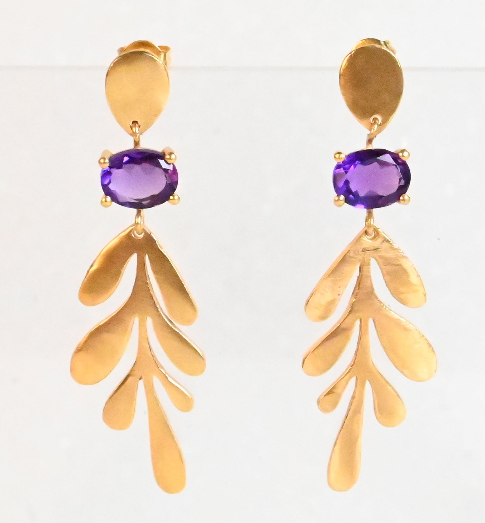 Euro Gold leaf drop earrings with amethyst-purple oval gems