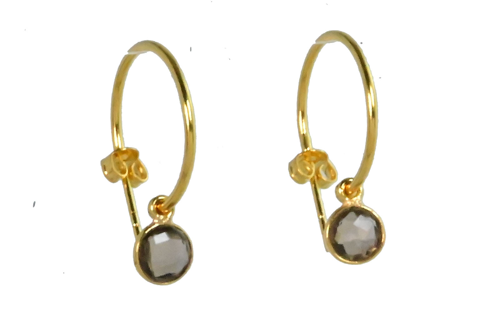 Euro Gold hoop earrings with a faceted smokey quartz drop