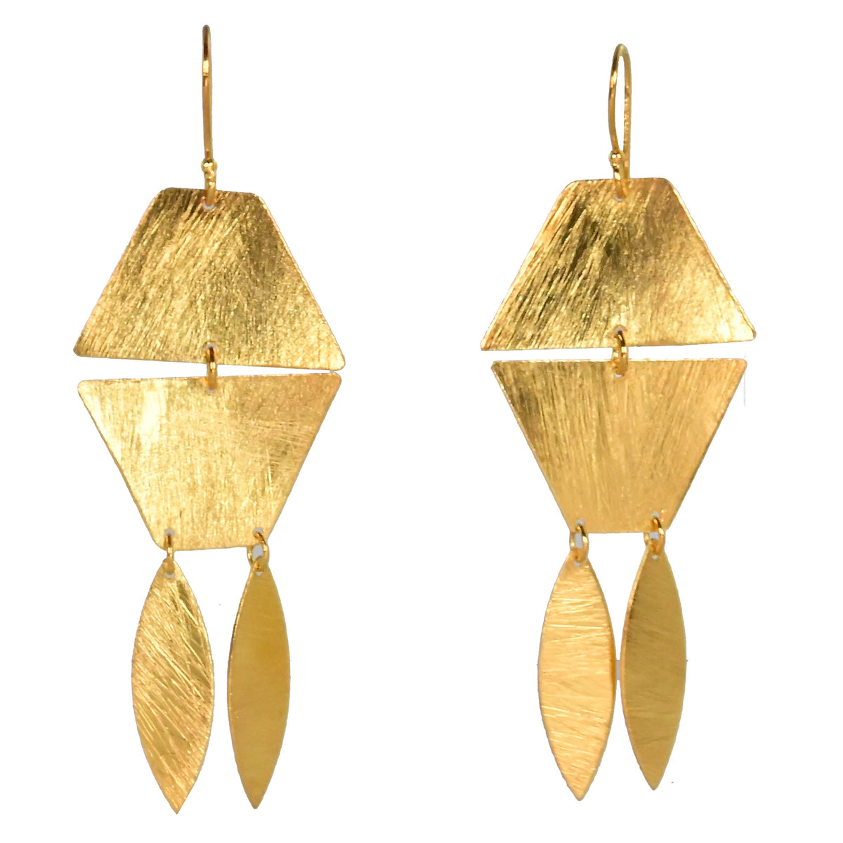 Brushed gold drop earrings: a hinged hexagon above two slim leaf-shaped drops