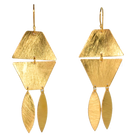 Brushed gold drop earrings: a hinged hexagon above two slim leaf-shaped drops