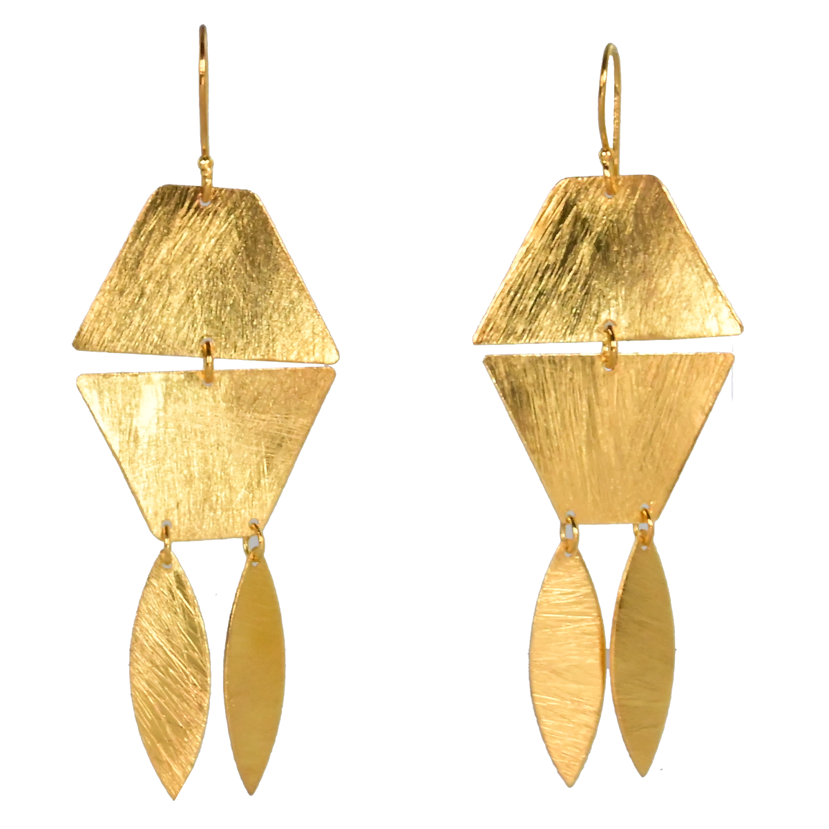 Brushed gold drop earrings: a hinged hexagon above two slim leaf-shaped drops