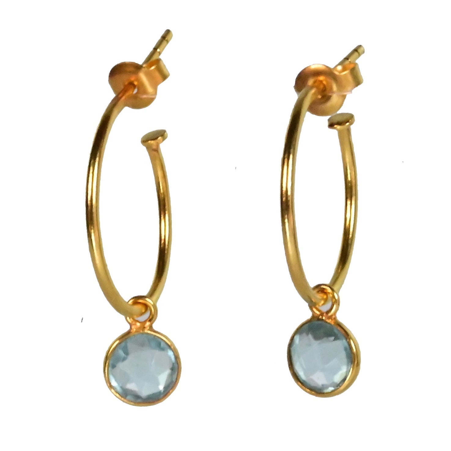 Euro Gold hoop earrings with a faceted blue topaz drop