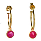 Euro Gold hoop earrings with a faceted ruby drop