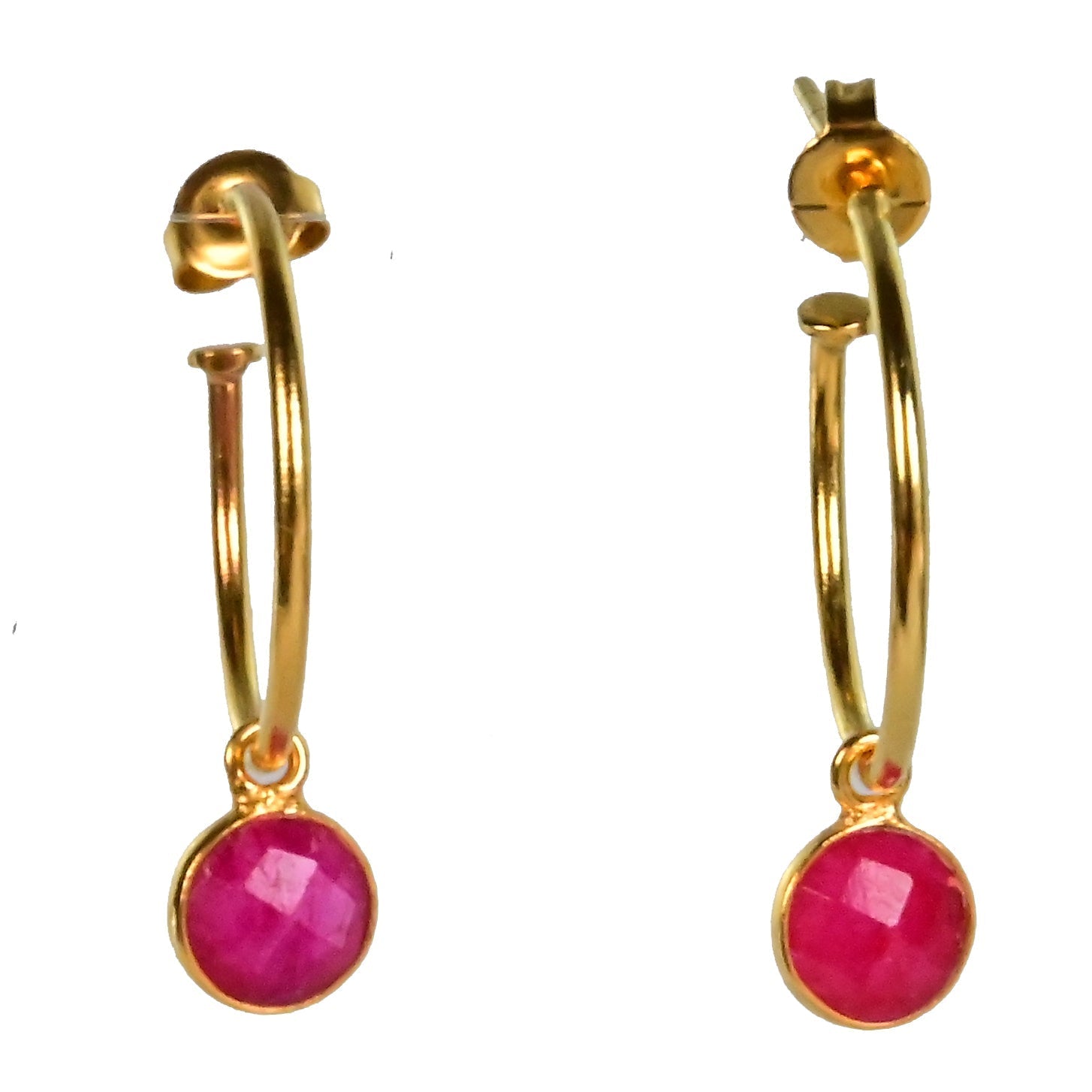 Euro Gold hoop earrings with a faceted ruby drop
