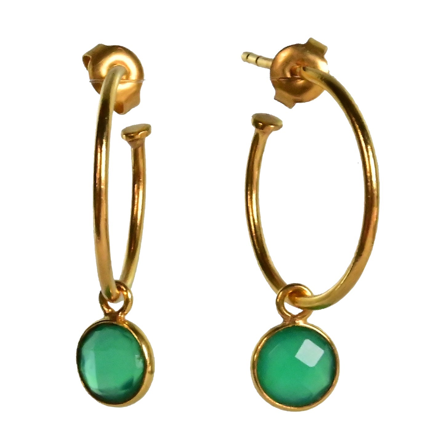 Euro Gold hoop earrings with a faceted green onyx drop