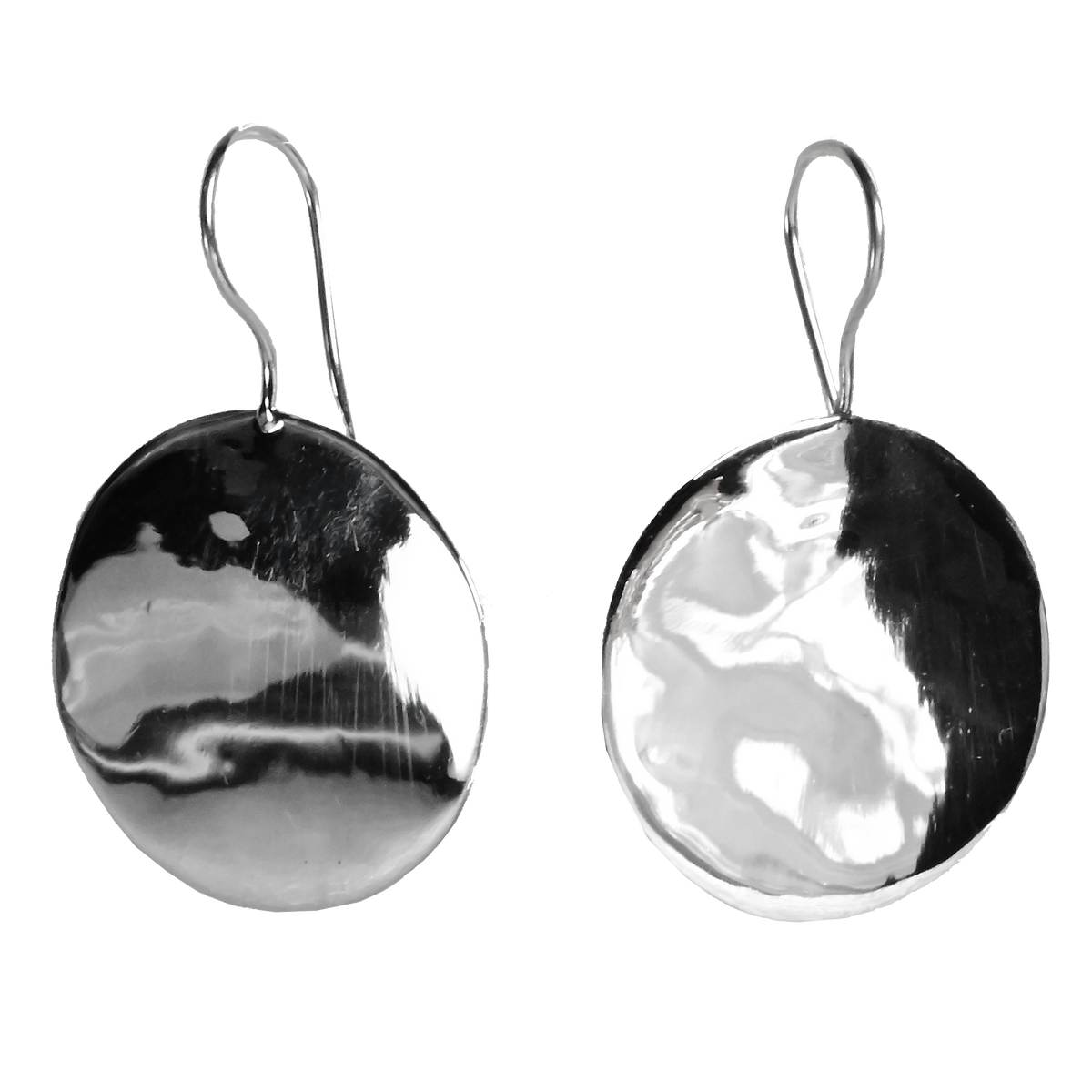 Round polished silver disc earrings with a rippled surface, on hooks
