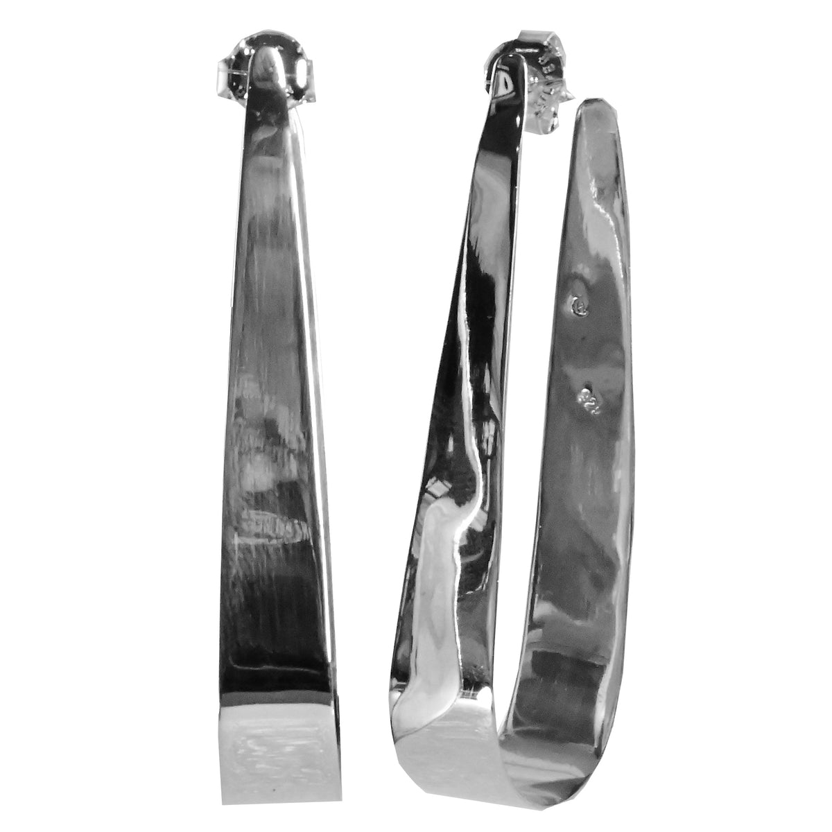 Polished silver U-shaped ribbon hoop earrings on stud fittings