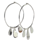 Polished silver hoop earrings, each hung with three teardrop charms