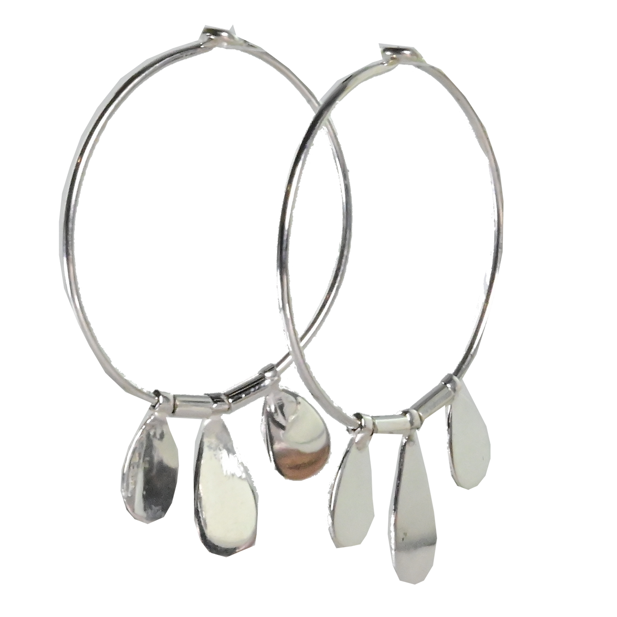 Polished silver hoop earrings, each hung with three teardrop charms