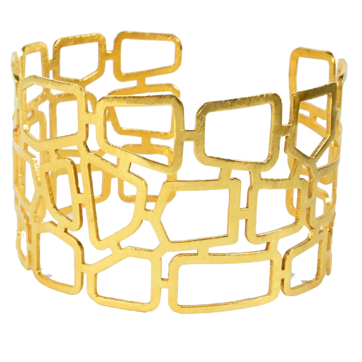 Wide gold cuff bangle cut into an open lattice of irregular rectangles