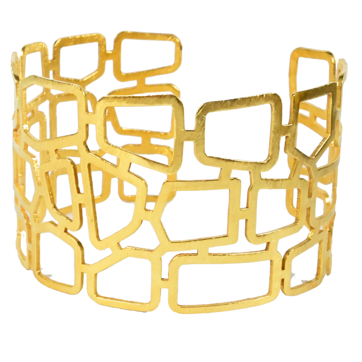 Wide gold cuff bangle cut into an open lattice of irregular rectangles