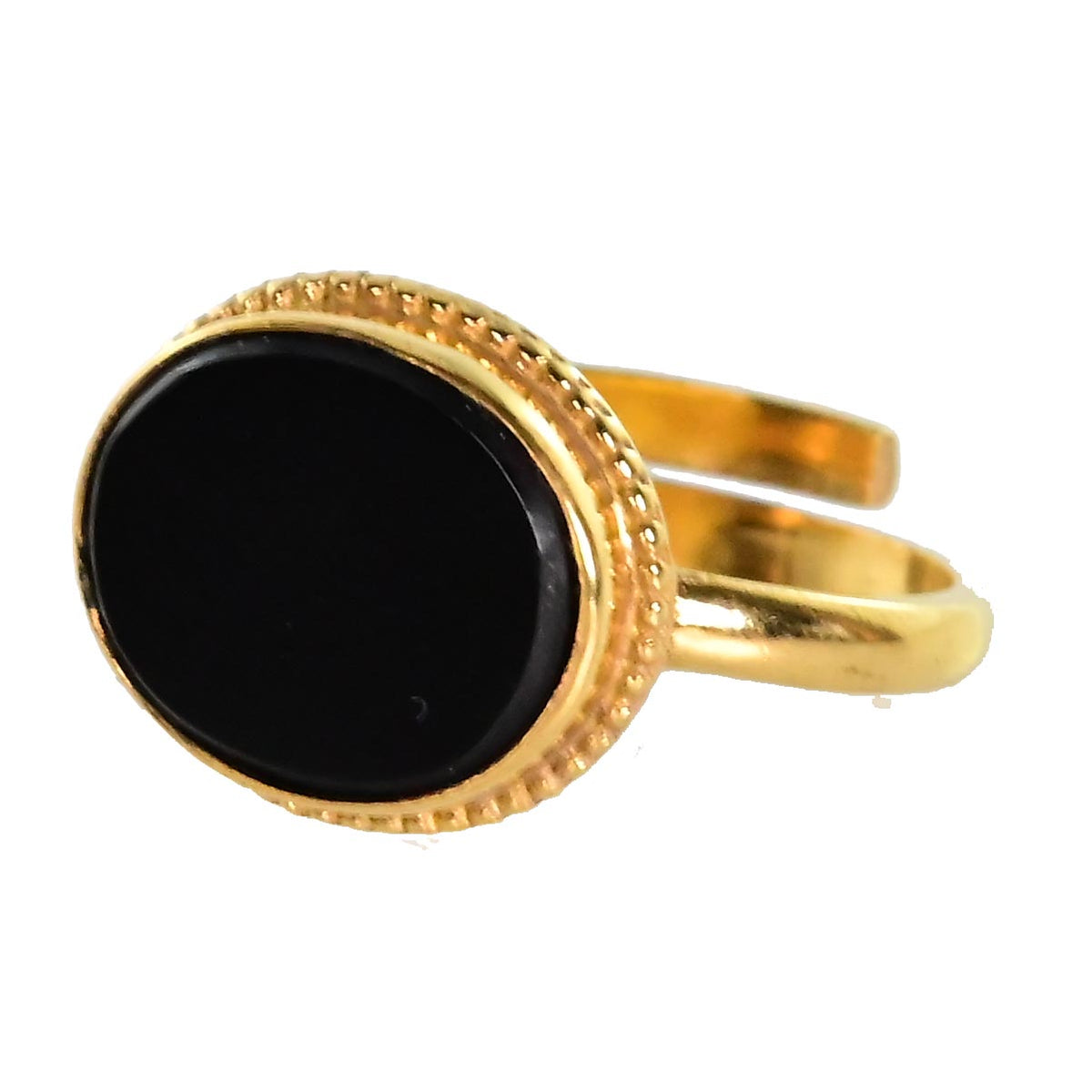 Gold ring with a smooth oval black onyx in a beaded bezel