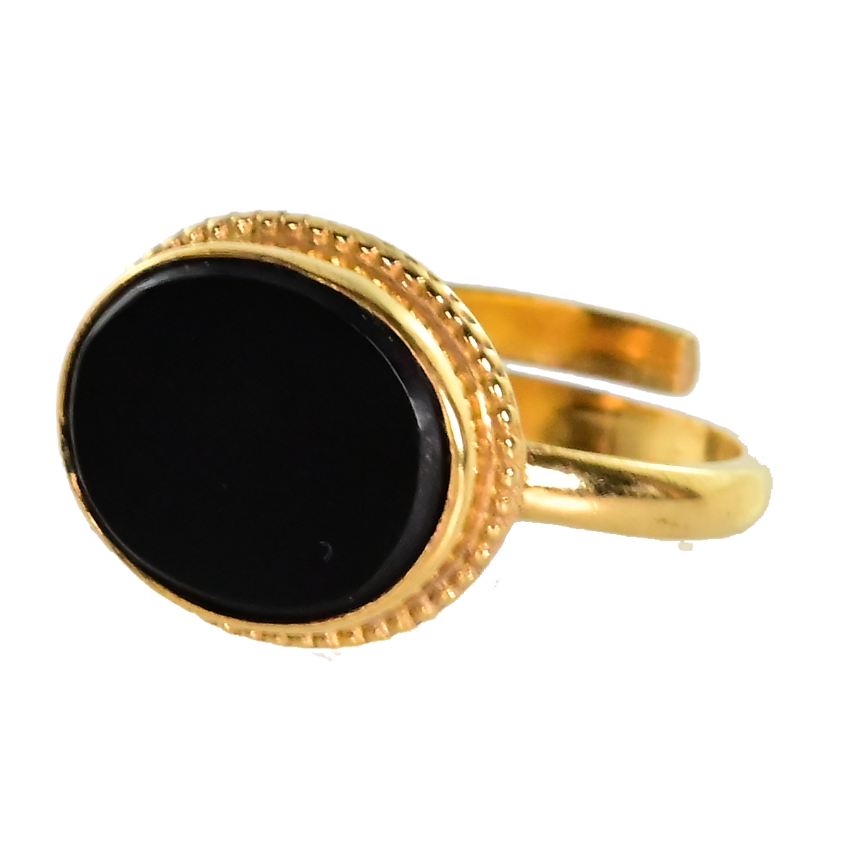 Gold ring with a smooth oval black onyx in a beaded bezel