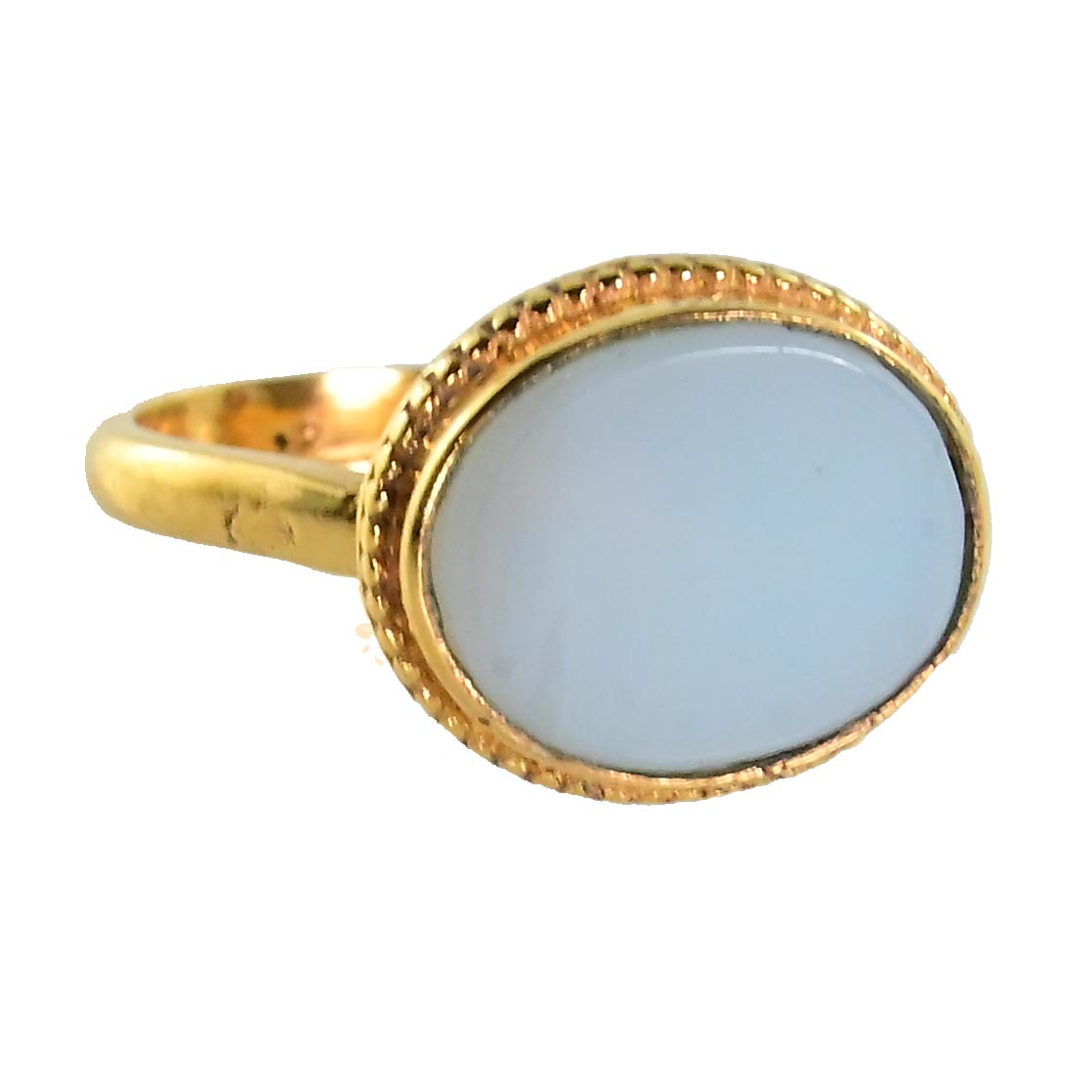 Gold ring with a smooth oval pale aqua chalcedony in a beaded bezel