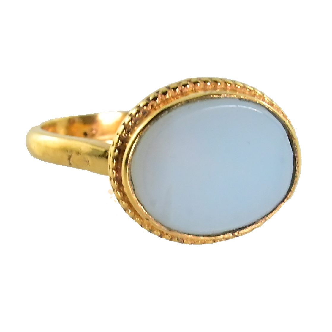 Gold ring with a smooth oval pale aqua chalcedony in a beaded bezel