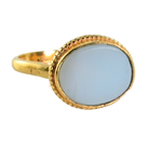 Gold ring with a smooth oval pale aqua chalcedony in a beaded bezel