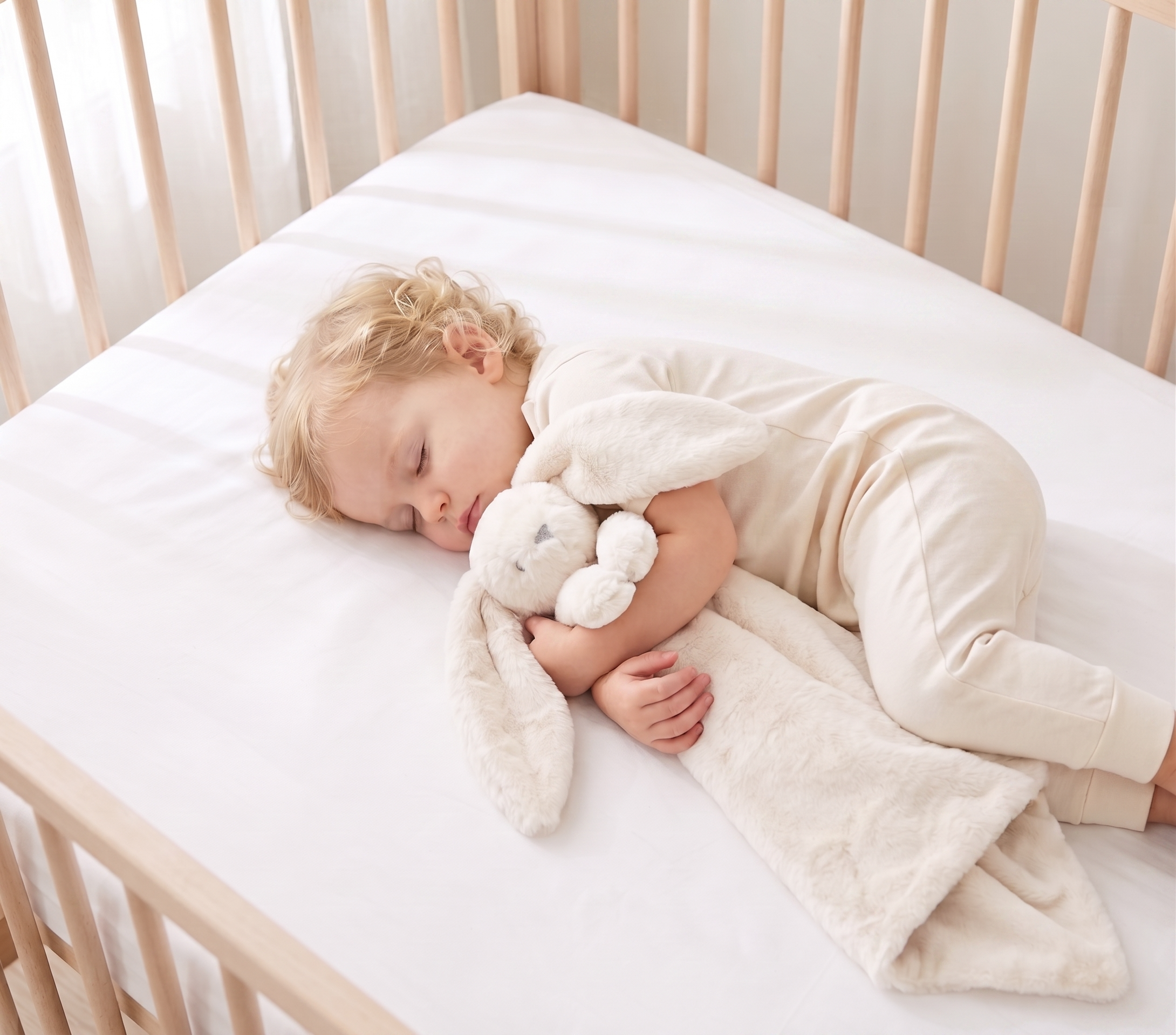Toddler asleep in a cot cuddling the ivory bunny lovey blanket