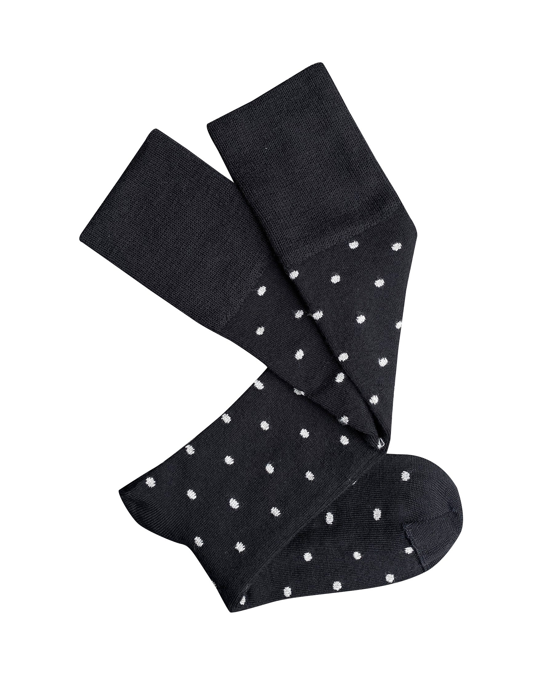 Pair of black knee-high merino socks with small white dots