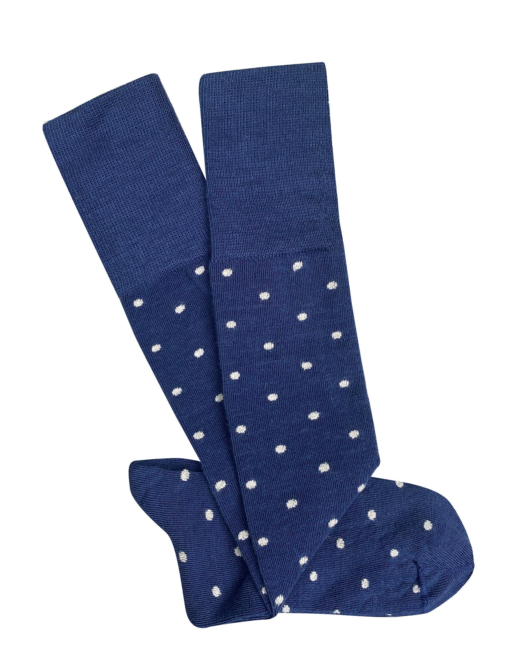 Pair of navy knee-high merino socks with small white dots