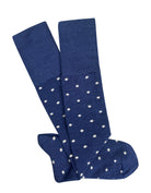 Pair of navy knee-high merino socks with small white dots