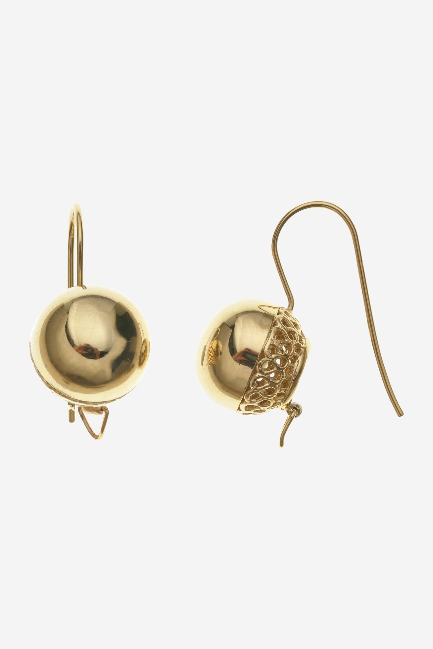 Pair of gold ball drop earrings with a French hook and a cutout detail.