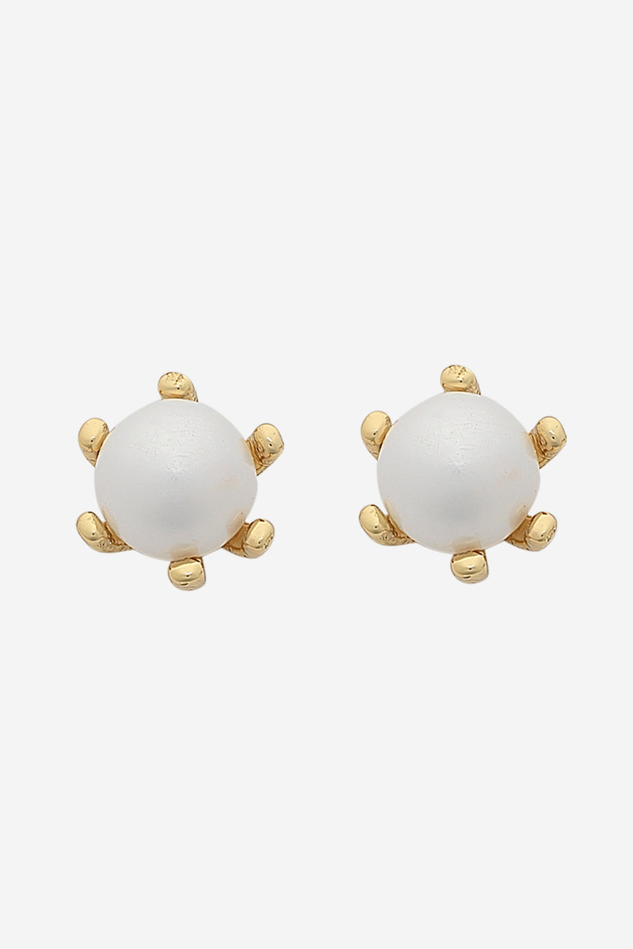 Pair of gold stud earrings, each a small white pearl held in a fine claw setting.