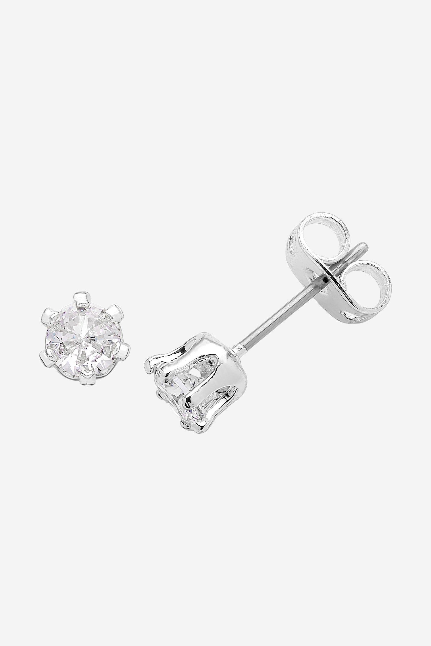 Silver crystal stud earrings in a claw setting, shown with butterfly backs.