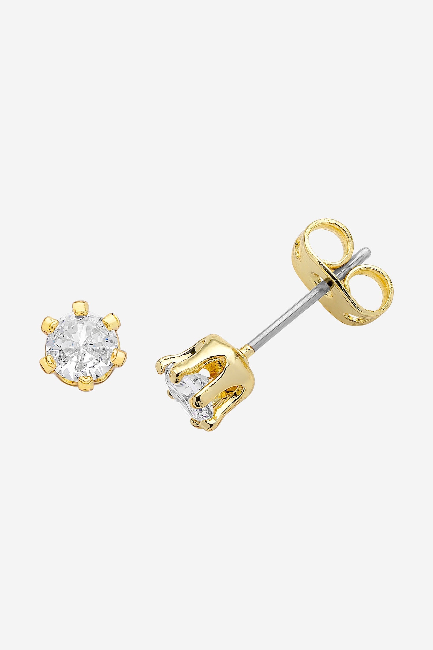 Gold crystal stud earrings in a claw setting, shown with butterfly backs.