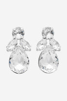 Silver statement earrings with tiered clear crystal drops.