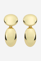 Gold statement drop earrings, two rounded discs with a mirror-like finish.