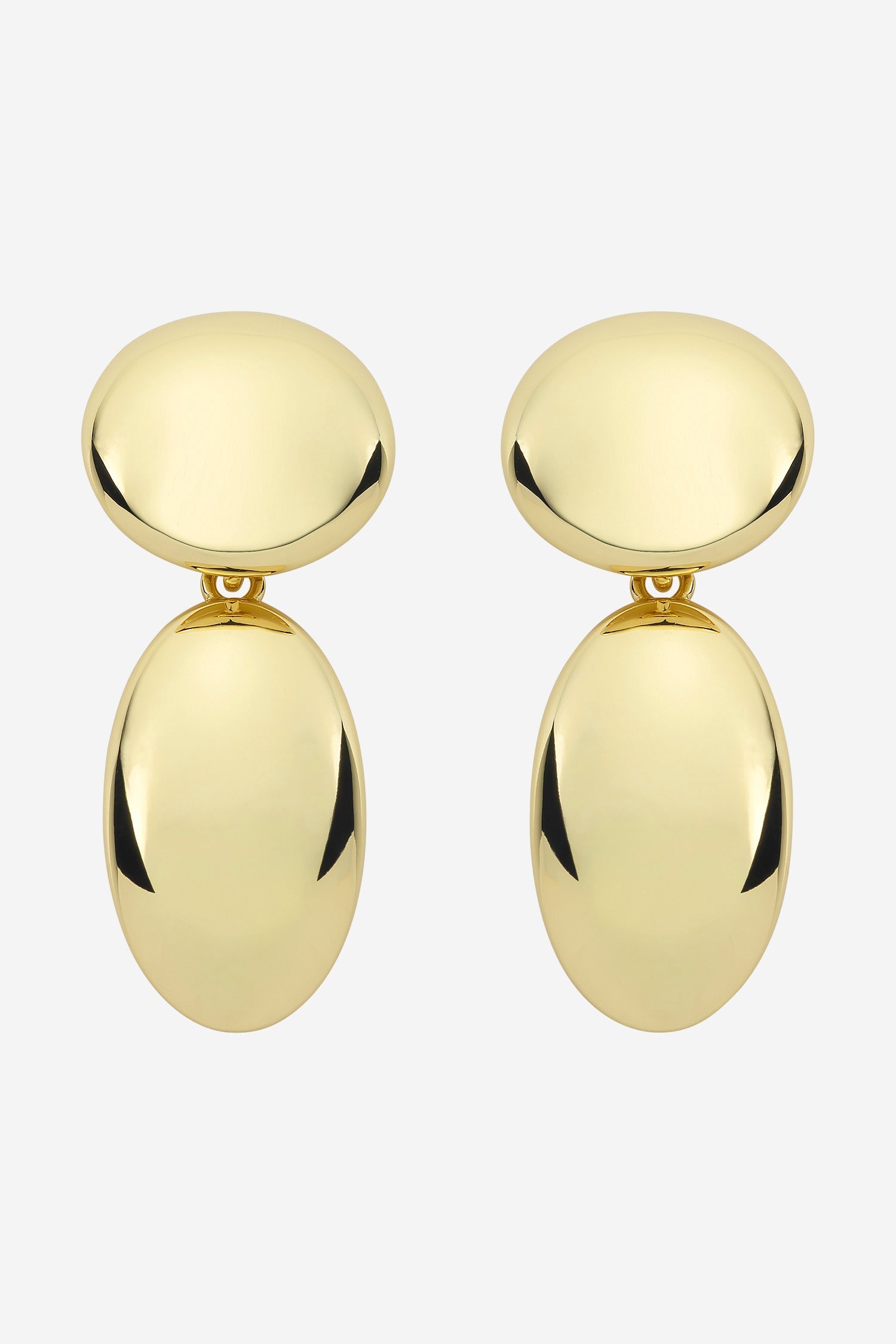 Gold statement drop earrings, two rounded discs with a mirror-like finish.