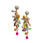 Pair of drop earrings with a pearl top and a cluster of small multicoloured beads and charms on gold chains.