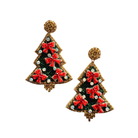 Pair of hand-beaded Christmas tree earrings in green and red with small bows and gold bead tops.