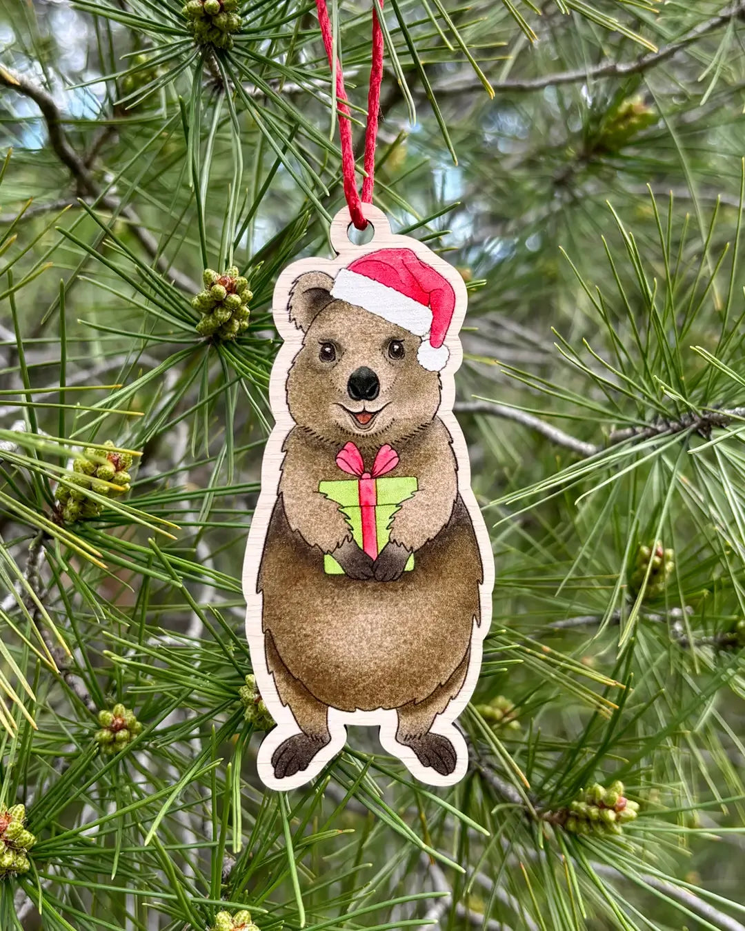 The wooden quokka decoration hanging outdoors from a pine branch, the quokka in a red Santa hat holding a small wrapped gift.