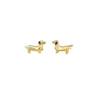 Pair of gold dachshund stud earrings with black enamel eyes on a white background