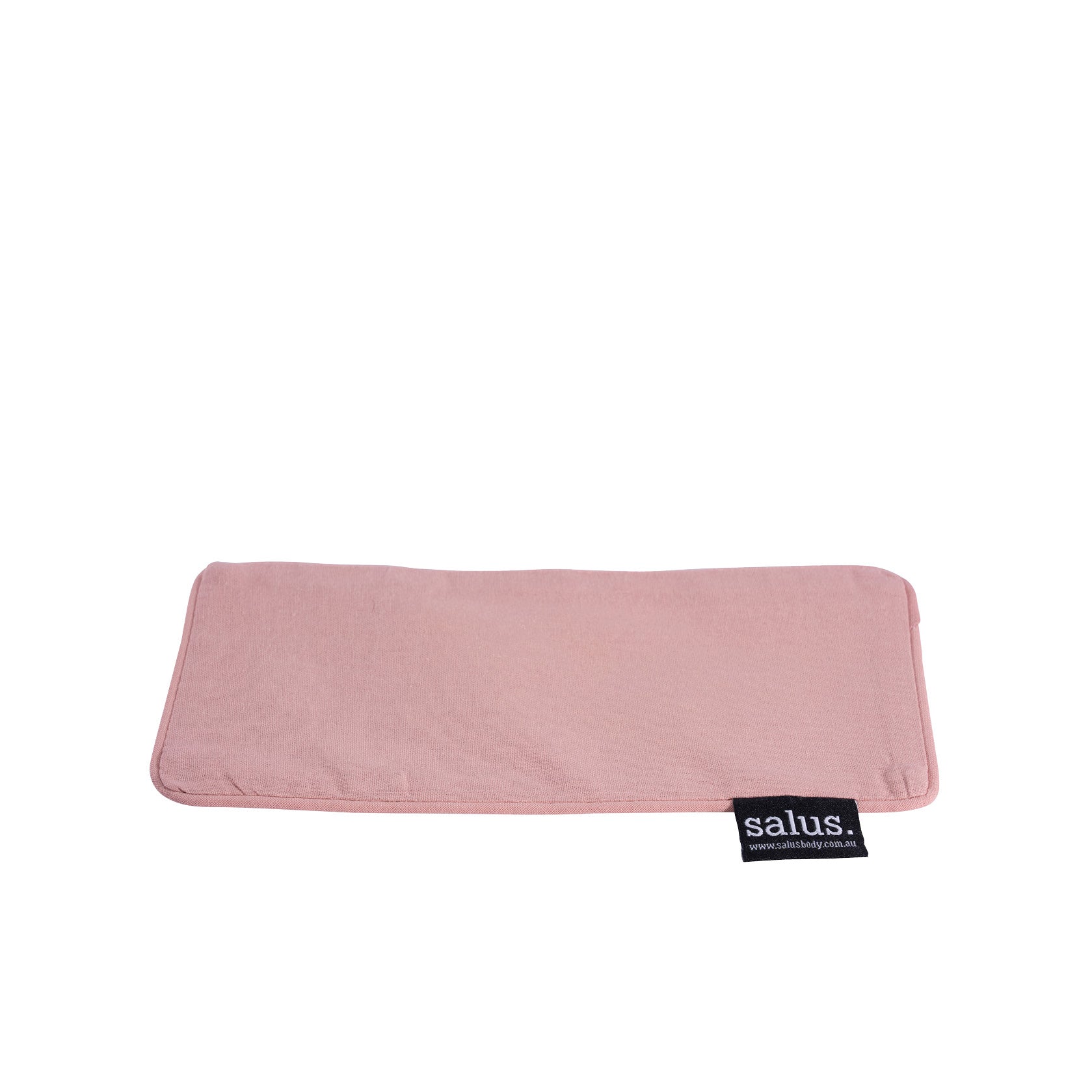Flat view of the blush pink Salus eye pillow with removable cover and Salus tag