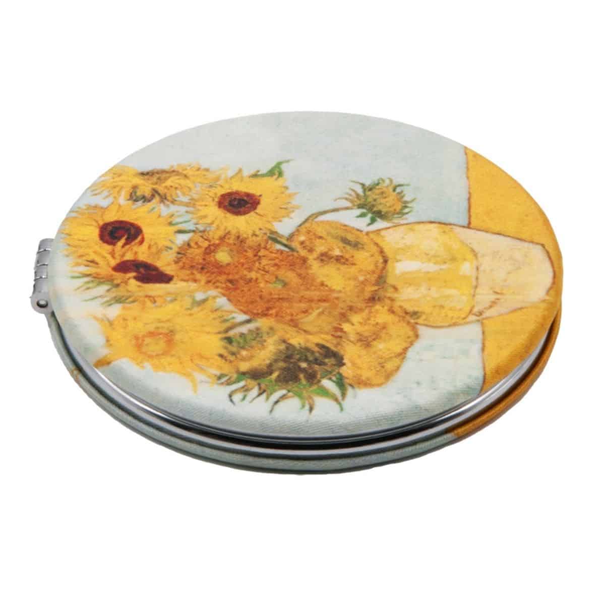 Folding pocket mirror with Van Gogh's Sunflowers in a vase on yellow.
