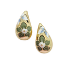 Pair of gold-tone teardrop dome earrings hand-painted with green and white flowers.