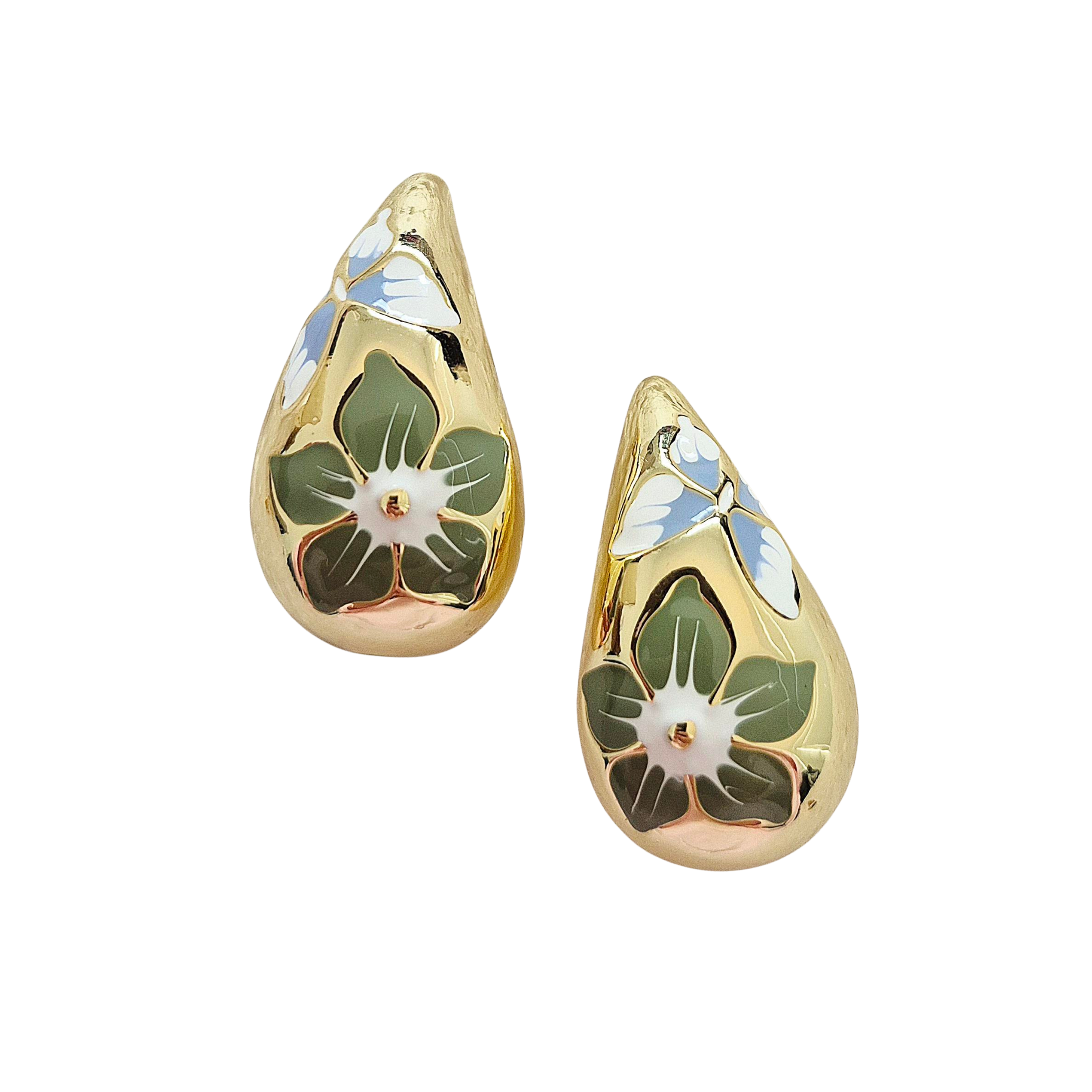 Pair of gold-tone teardrop dome earrings hand-painted with green and white flowers.